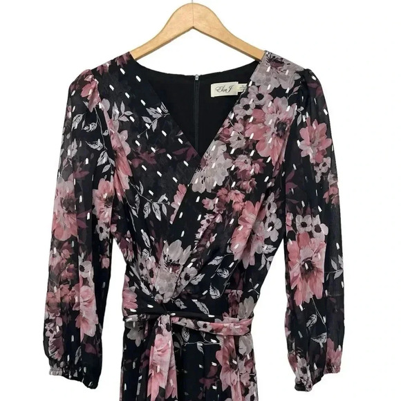 Eliza J Floral Metallic Fleck High Low Dress Puff Sleeve V-Neck Midi Tropical 10 - Picture 7 of 11